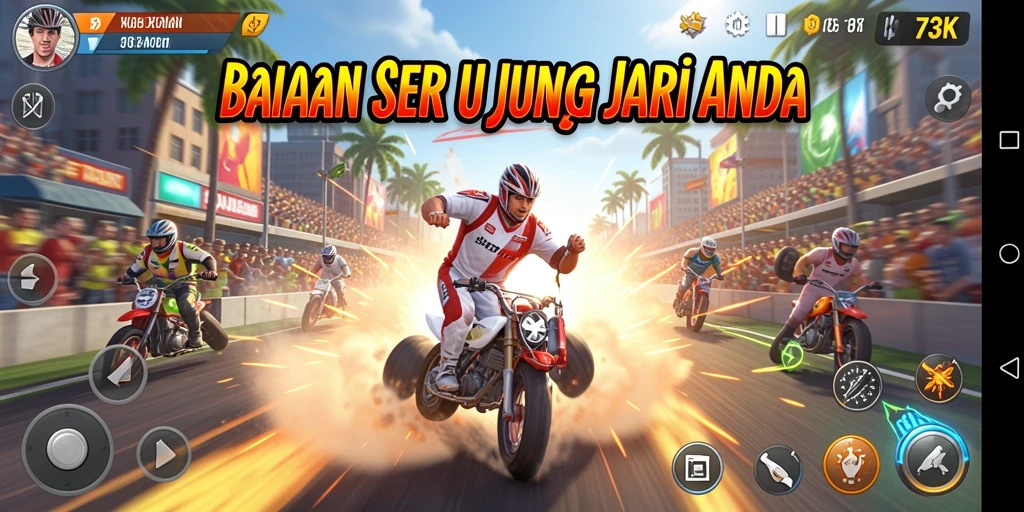 Screenshot gameplay 73K menampilkan balapan yang mendebarkan dan kendaraan keren.