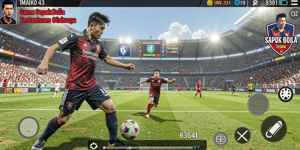 Screenshot gameplay 8364 menampilkan aksi seru di lapangan sepak bola.