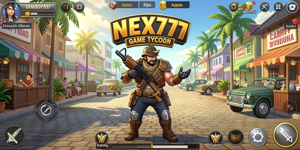 Screenshot NEX777 menampilkan momen seru dalam membangun kerajaan bisnis.