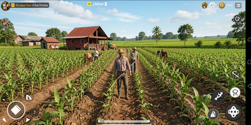 Screenshot utama ZARA4D menunjukkan petak pertanian yang kaya warna.